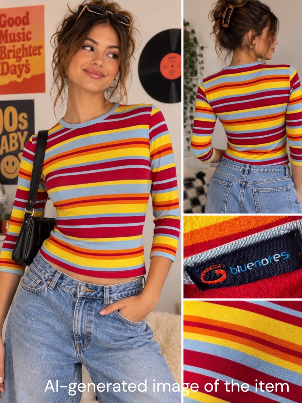 Vintage 90s Bluenotes Striped Baby Tee Sz S 3/4 Sleeve Retro Y2K Fitted Top